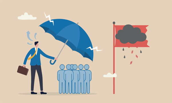 Good protectio support in career development concept, kindness businessman offer big umbrella to cover employee from bad weather