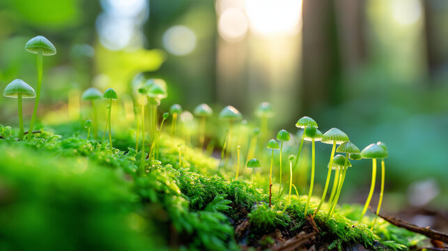 Close-up of green moss and mushrooms on a forest floor with soft sunset focus in background, rainforest floor concept, mushroom and moss macro, forest ecosystem photography,