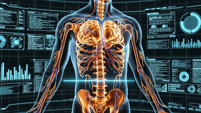 Advanced human anatomy visualization showcasing neural and skeletal systems with digital interface background