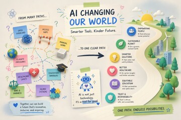 Obraz premium AI changing the world infographic with one clear path connecting sustainability healthcare education and smart solutions