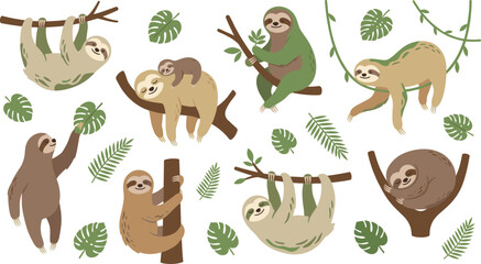 Fototapeta premium Cute Sloth Cartoon Character Collection with Tropical Jungle Leaves and Adorable Wildlife Animal Poses for Kids Nursery and Educational Designs