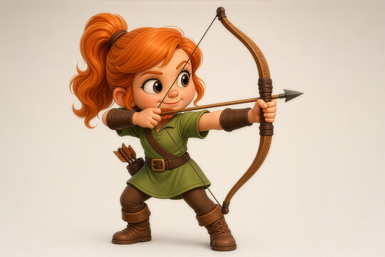 A young archer with orange hair aims a drawn bow in a dynamic pose, wearing a green tunic and boots, showing focus, tension, and fantasy‑style action against a clean light background.