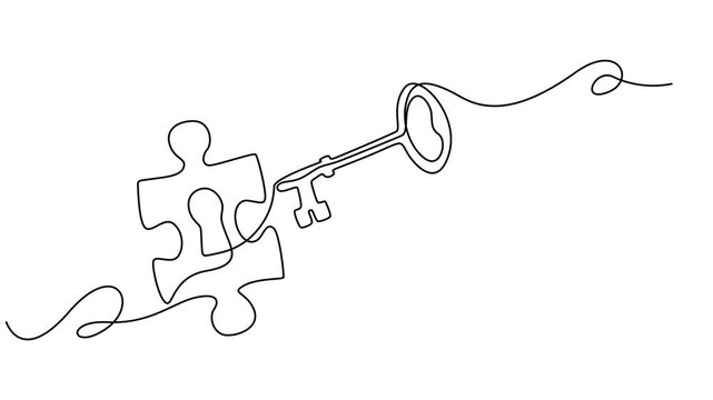 Continuous one line drawing of puzzle, key, solution, business concept, line art, vector, Animated self drawing of key into puzzle piece, Teamwork and partnership solving complicated tasks. animation.