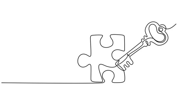 Continuous one line drawing of puzzle, key, solution, business concept, line art, vector, Animated self drawing of key into puzzle piece, Teamwork and partnership solving complicated tasks. animation.