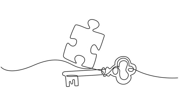 Continuous one line drawing of puzzle, key, solution, business concept, line art, vector, Animated self drawing of key into puzzle piece, Teamwork and partnership solving complicated tasks. animation.