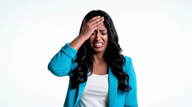 A young woman is shown with a confused expression, her brows furrowed and lips pursed. She is wearing a teal blazer and appears to be facing an uncertain or disappointing situation, highlighting a