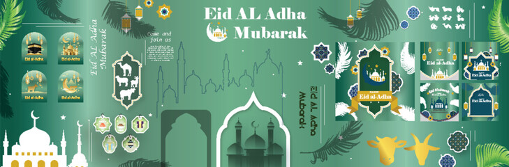 Eid al adha mubarak vector illustration set with islamic calligraphy and traditional sacrifice animal icons for greeting cards and posters on green background with mosque silhouette elements design. © ymnd