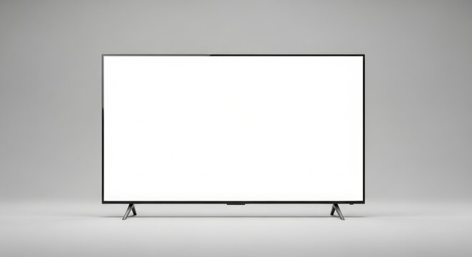Modern Smart Television With an Empty White Screen Stands Centered on a Light Grey Studio Background, Ready for Content Display and Product Presentations