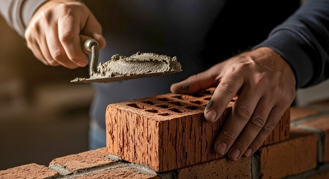 Bricklayer applying cement mortar with a trowel. Close up of a construction worker building a red brick wall. Masonry and craftsmanship concept