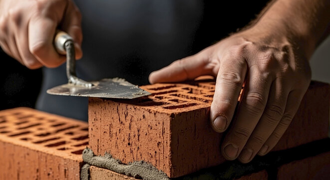 Close up of a mason laying red bricks with cement. Construction worker using a trowel to build a wall. Industrial building process