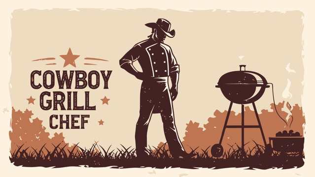 Cowboy grill chef standing next to barbecue grill outdoors