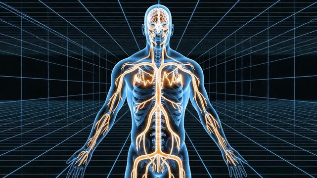 Digital visualization of human nervous system with interconnected neural pathways and skeletal structure in futuristic