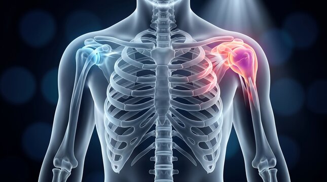 3D Medical Anatomy Render Highlighting Inflamed Shoulder Joint Capsule Rotator Cuff Stress and Skeletal Structure Comparison