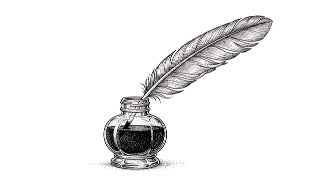 Feather quill pen and inkwell with ink splatter writing instrument old fashioned dip pen black and white writing tools vintage tool ink bottle art literary