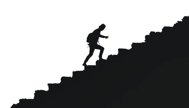 Silhouette of a person with a backpack ascending a dark staircase against a white background, signifying a.