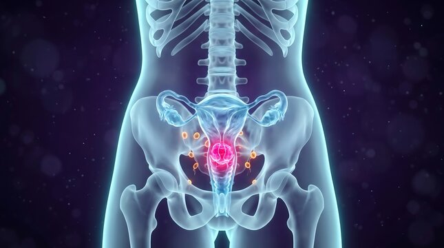 Cervix tumor visualization female reproductive system 3D medical glass torso showing abnormal cervical tissue, pelvic lymph node involvement, uterus and pelvic skeleton anatomy render
