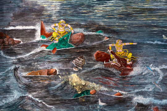 Ancient mural painting with scene from the Ramakien at Wat Phra Kaew or Emerald Buddha Temple in Bangkok, Thailand