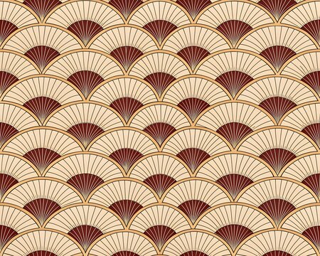 Seamless art deco pattern with golden fan shapes and geometric brown lines