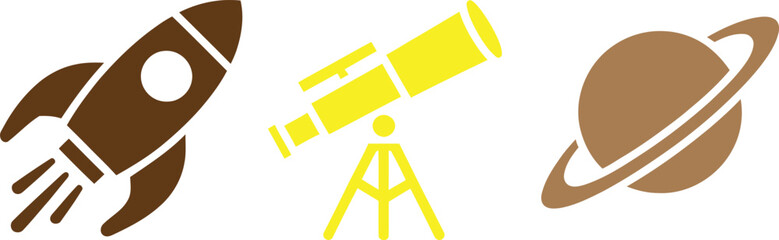 Simple rocket launching near planet with rings and telescope illustration © Tusher