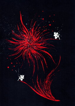 A vibrant abstract composition against a deep black background. The central element is a dynamic red object, reminiscent of a burst of energy, sparks, or a blossoming exotic flower with thin, pointed 