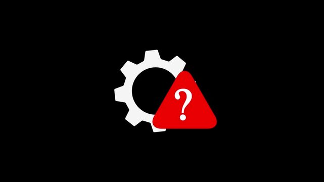 Animated white gear setting icon with a red triangle notification showing a question mark on black background, with 4k video animation.