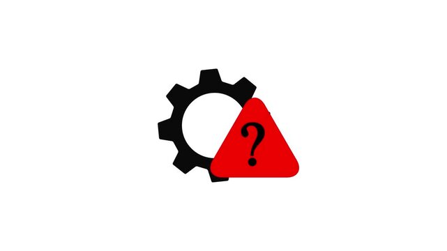 Animated black gear setting icon with a red triangle notification showing a question mark on white background,