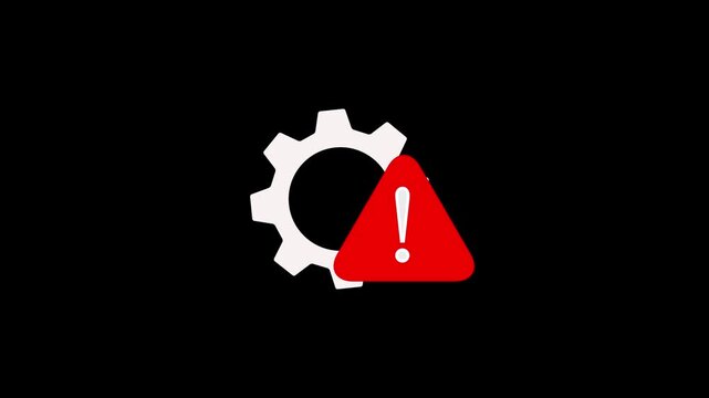 Animated black gear setting icon with a red triangle notification showing a question mark on white background, concept of configuration help and system FAQ.
