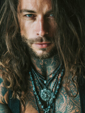 Portrait of a man with piercing blue eyes, long curly hair, intricate tattoos, and layered beaded necklaces showcasing a rugged, bohemian style and intense gaze