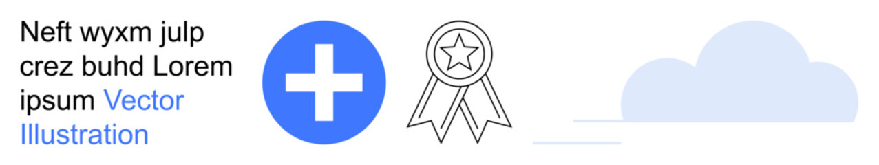 Obraz premium Healthcare, awards, achievement, cloud computing, digital services, recognition. A blue cross, award ribbon and cloud icon. Healthcare and awards recognition concept
