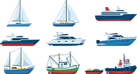 Boat and Ship Collection Featuring Sailboats, Yachts, Fishing Boats, and Tugboats for Maritime, Travel, and Nautical Designs © Shilpi