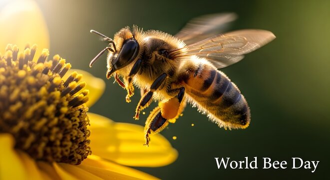 A fuzzy honey bee actively flying with pollen sacs near a vibrant yellow flower.