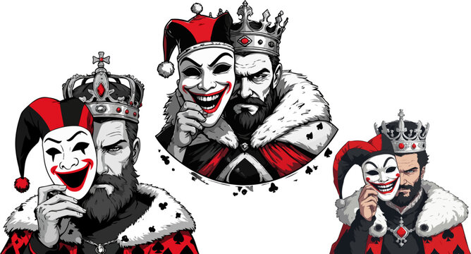 Gothic king holding jester mask vector set, dark medieval monarch with smiling clown face, royal character in red and black robes, 3 graphic elements