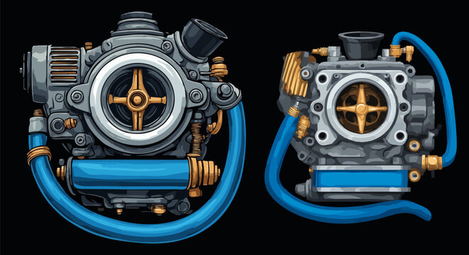 Mechanical engine carburetor vector illustration, vintage automotive fuel system components, industrial machine parts with blue hoses and brass details