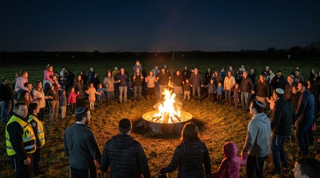 Lag BaOmer celebration with Jewish community holding hands in a circle around a large bonfire at night, traditional religious holiday gathering and unity concept
