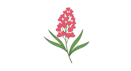 Fototapeta premium Unique flowering plant with small pink heart-shaped blossoms growing on a vertical stem with long green leaves.