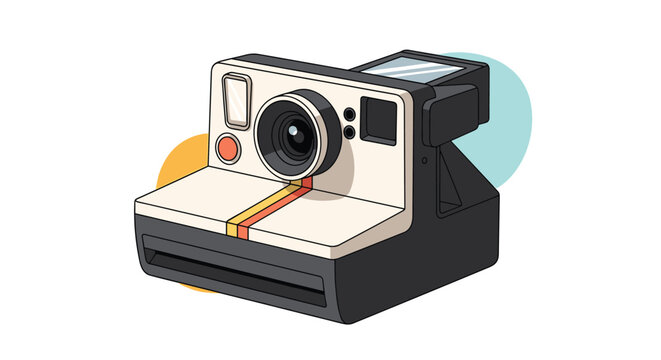 Angled view of a retro-style instant camera with colorful stripes and decorative accent circles in the background.