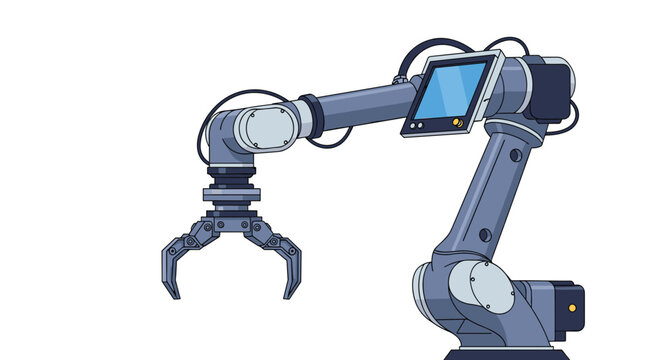 Blue industrial robot arm with a digital screen and mechanical joints for manufacturing and automation technology.