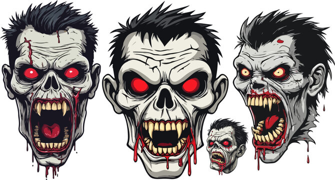 Zombie head vector set, scary undead monster faces with glowing red eyes, bloody vampire skull illustrations for halloween and horror design