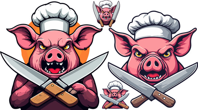 Angry pig chef mascot vector, aggressive swine butcher with crossed kitchen knives, fierce hog character in chef hat for barbecue restaurant logo