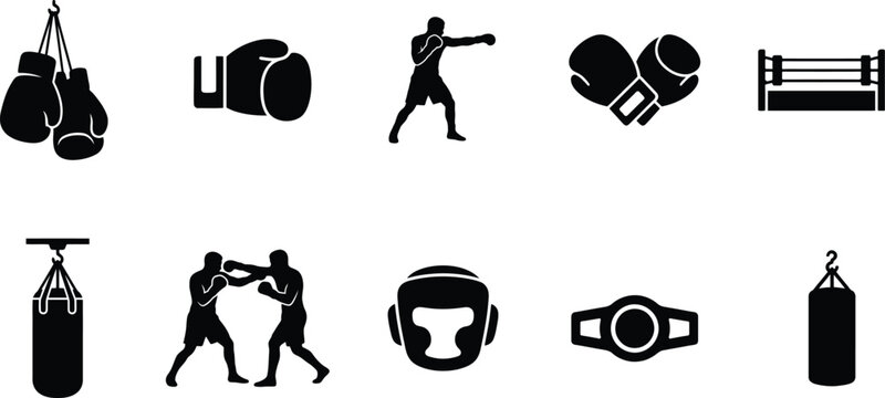 Boxing icons and equipment silhouette illustrations