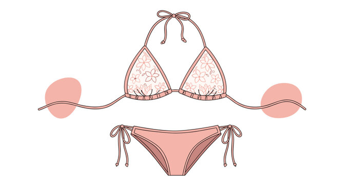Two-piece pink bikini set with floral patterns on the top and side-tie bottoms for beach and summer wear.