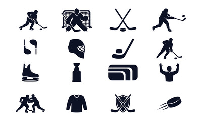 Obraz premium Ice hockey equipment and player silhouettes vector graphic collection