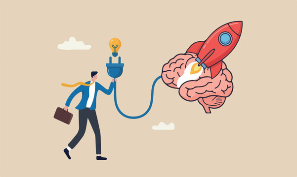 Creativity brainstorming, success, connecting new idea or innovation, intelligence or solution concept, businessman connect plug with lightbulb idea to human brain