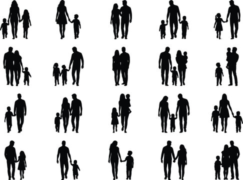 Silhouette collection of diverse family groupings showing parents, children, and generations bonding, walking, and interacting together