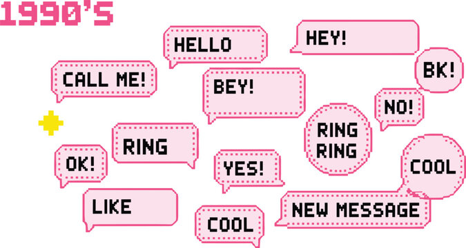 1990s pixel art communication illustrations with speech bubbles, retro text phrases, and nostalgic vector design concepts