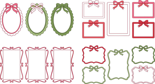 Decorative frames collection featuring oval, rectangular, and ornate designs with bows in pink, red, and green elegant variations
