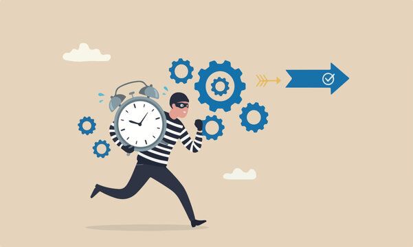 productivity procrastination, work efficiency to finish in deadline, strategy or accomplishment concept, burglar thief stealing time clock and run away