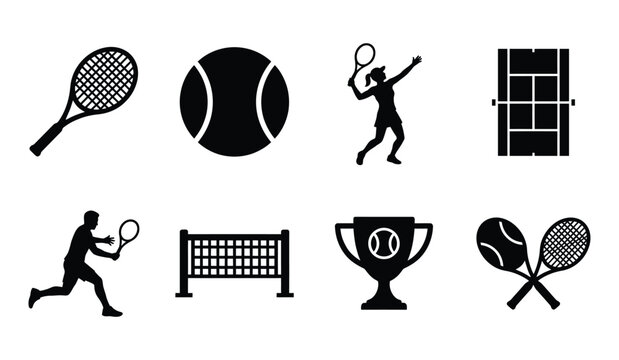 Black and white tennis icons set including rackets ball players net and trophy