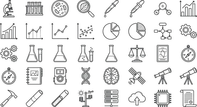 Vector Set of Science and Research Icons Featuring Laboratory Equipment, Data Analysis, Technology, and Exploration Symbols