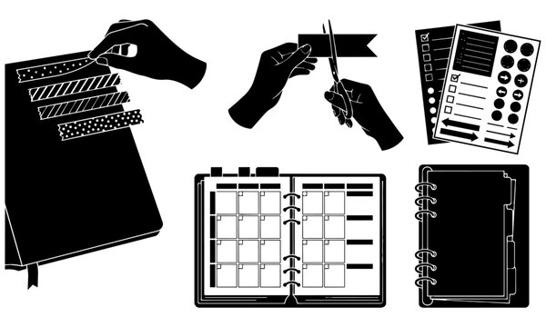 black and white illustrations of various office supplies and stationery items including notebooks planners scissors and stickers